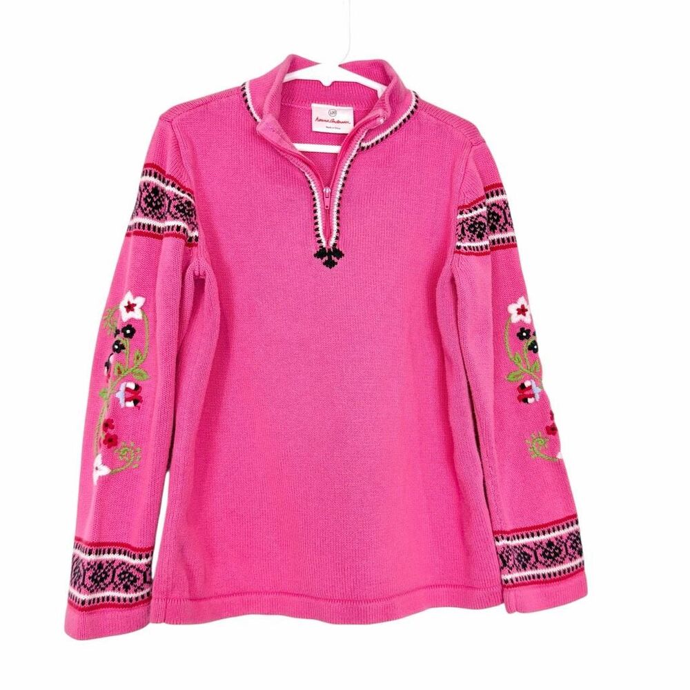 Hanna Andersson Sweater Girls 120 6-7 Pink Knit Embroidered Floral Zip Cotton